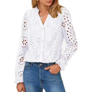 imagePRETTYGARDEN Womens Eyelet Tops Fall Outfits 2024 Dressy Casual Lace Blouses Long Sleeve Button V Neck ShirtsWhite