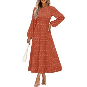 imagePRETTYGARDEN Womens Fall Elegant Long Sleeve Maxi Dress Swiss Dot A Line Flowy Casual Holiday Party Going Out DressesBrick Red