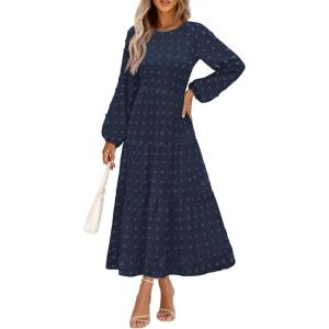 imagePRETTYGARDEN Womens Fall Elegant Long Sleeve Maxi Dress Swiss Dot A Line Flowy Casual Holiday Party Going Out DressesNavy