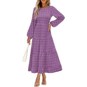 imagePRETTYGARDEN Womens Fall Elegant Long Sleeve Maxi Dress Swiss Dot A Line Flowy Casual Holiday Party Going Out DressesPurple