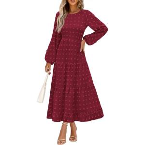 imagePRETTYGARDEN Womens Fall Elegant Long Sleeve Maxi Dress Swiss Dot A Line Flowy Casual Holiday Party Going Out DressesWine Red