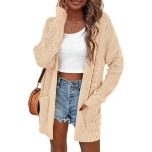imagePRETTYGARDEN Womens Fall Loose Open Front Cardigan Long Sleeve Cable Knit Sweaters Lightweight Outwear with PocketsApricot