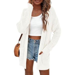 imagePRETTYGARDEN Womens Fall Loose Open Front Cardigan Long Sleeve Cable Knit Sweaters Lightweight Outwear with PocketsBeige White