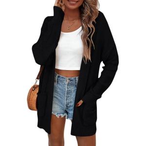 imagePRETTYGARDEN Womens Fall Loose Open Front Cardigan Long Sleeve Cable Knit Sweaters Lightweight Outwear with PocketsBlack