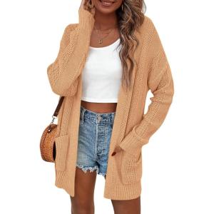 imagePRETTYGARDEN Womens Fall Loose Open Front Cardigan Long Sleeve Cable Knit Sweaters Lightweight Outwear with PocketsCamel