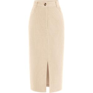 imagePRETTYGARDEN Womens Fall Midi Pencil Skirts Dressy Casual Work Office High Waisted Trendy Winter Corduroy Skirt with SlitBeige
