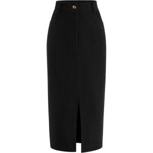 imagePRETTYGARDEN Womens Fall Midi Pencil Skirts Dressy Casual Work Office High Waisted Trendy Winter Corduroy Skirt with SlitBlack