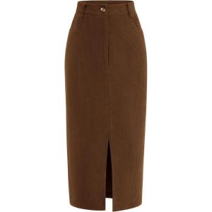imagePRETTYGARDEN Womens Fall Midi Pencil Skirts Dressy Casual Work Office High Waisted Trendy Winter Corduroy Skirt with SlitBrown