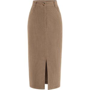 imagePRETTYGARDEN Womens Fall Midi Pencil Skirts Dressy Casual Work Office High Waisted Trendy Winter Corduroy Skirt with SlitCamel