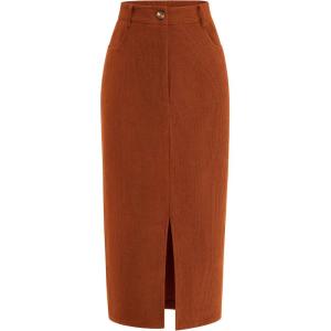 imagePRETTYGARDEN Womens Fall Midi Pencil Skirts Dressy Casual Work Office High Waisted Trendy Winter Corduroy Skirt with SlitCaramel