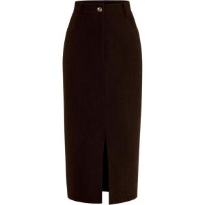 imagePRETTYGARDEN Womens Fall Midi Pencil Skirts Dressy Casual Work Office High Waisted Trendy Winter Corduroy Skirt with SlitCoffee