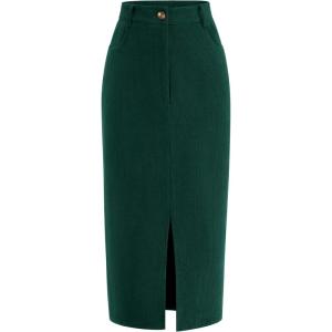 imagePRETTYGARDEN Womens Fall Midi Pencil Skirts Dressy Casual Work Office High Waisted Trendy Winter Corduroy Skirt with SlitDark Green