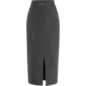 imagePRETTYGARDEN Womens Fall Midi Pencil Skirts Dressy Casual Work Office High Waisted Trendy Winter Corduroy Skirt with SlitGrey