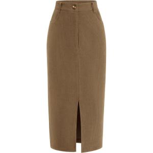 imagePRETTYGARDEN Womens Fall Midi Pencil Skirts Dressy Casual Work Office High Waisted Trendy Winter Corduroy Skirt with SlitKhaki