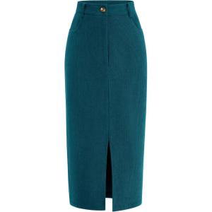 imagePRETTYGARDEN Womens Fall Midi Pencil Skirts Dressy Casual Work Office High Waisted Trendy Winter Corduroy Skirt with SlitLake Blue