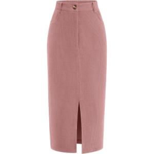 imagePRETTYGARDEN Womens Fall Midi Pencil Skirts Dressy Casual Work Office High Waisted Trendy Winter Corduroy Skirt with SlitPink