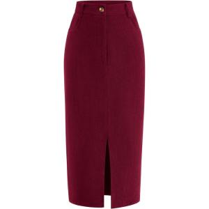 imagePRETTYGARDEN Womens Fall Midi Pencil Skirts Dressy Casual Work Office High Waisted Trendy Winter Corduroy Skirt with SlitWine Red