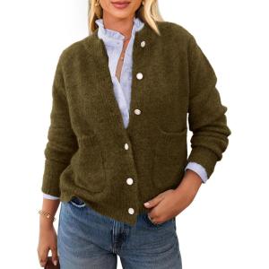 imagePRETTYGARDEN Womens Knit Cardigan Sweaters Casual Long Sleeve Open Front Button Up Ribbed Fall Sweater JacketsArmy Green