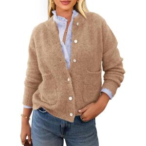 imagePRETTYGARDEN Womens Knit Cardigan Sweaters Casual Long Sleeve Open Front Button Up Ribbed Fall Sweater JacketsCamel