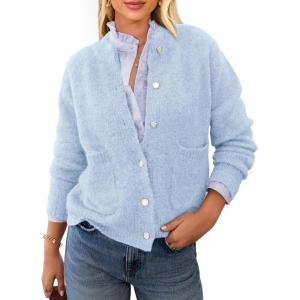 imagePRETTYGARDEN Womens Knit Cardigan Sweaters Casual Long Sleeve Open Front Button Up Ribbed Fall Sweater JacketsLight Blue