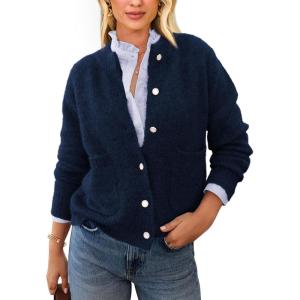 imagePRETTYGARDEN Womens Knit Cardigan Sweaters Casual Long Sleeve Open Front Button Up Ribbed Fall Sweater JacketsNavy