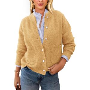 imagePRETTYGARDEN Womens Knit Cardigan Sweaters Casual Long Sleeve Open Front Button Up Ribbed Fall Sweater JacketsYellow