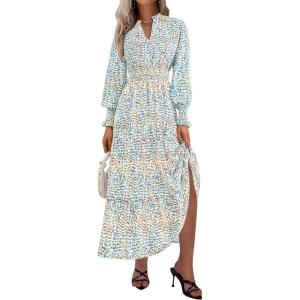 imagePRETTYGARDEN Womens Long Sleeve Maxi Dress Casual V Neck Smocked Waist Ruffle Flowy Boho Beach Dresses with PocketsFloral Blue White