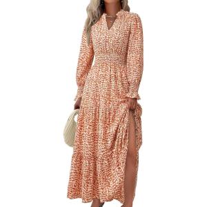 imagePRETTYGARDEN Womens Long Sleeve Maxi Dress Casual V Neck Smocked Waist Ruffle Flowy Boho Beach Dresses with PocketsFloral Orange
