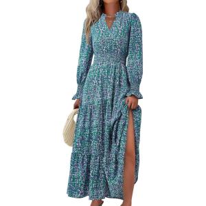 imagePRETTYGARDEN Womens Long Sleeve Maxi Dress Casual V Neck Smocked Waist Ruffle Flowy Boho Beach Dresses with PocketsFloral Purple Green