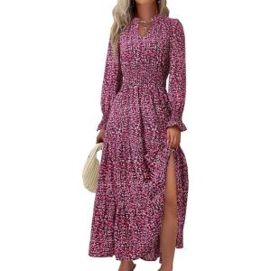 imagePRETTYGARDEN Womens Long Sleeve Maxi Dress Casual V Neck Smocked Waist Ruffle Flowy Boho Beach Dresses with PocketsFloral Red Black