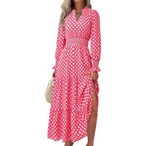imagePRETTYGARDEN Womens Long Sleeve Maxi Dress Casual V Neck Smocked Waist Ruffle Flowy Boho Beach Dresses with PocketsPlaid Pink