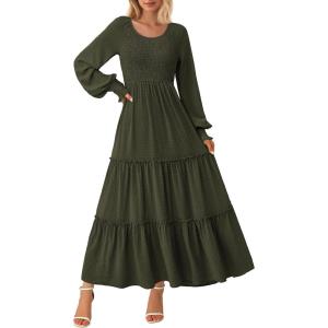 imagePRETTYGARDEN Womens Maxi Boho Dress Casual Long Sleeve Tiered Ruffle Flowy Swiss Dot Smocked Dresses with PocketsArmy Green