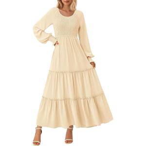imagePRETTYGARDEN Womens Maxi Boho Dress Casual Long Sleeve Tiered Ruffle Flowy Swiss Dot Smocked Dresses with PocketsBeige