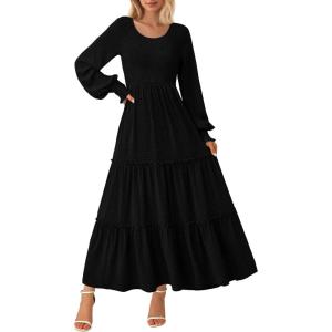 imagePRETTYGARDEN Womens Maxi Boho Dress Casual Long Sleeve Tiered Ruffle Flowy Swiss Dot Smocked Dresses with PocketsBlack