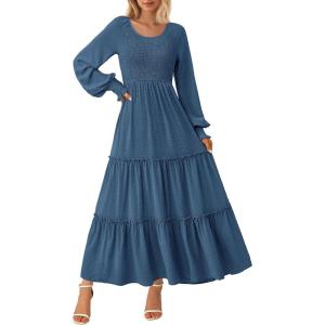 imagePRETTYGARDEN Womens Maxi Boho Dress Casual Long Sleeve Tiered Ruffle Flowy Swiss Dot Smocked Dresses with PocketsDark Blue
