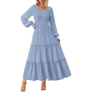 imagePRETTYGARDEN Womens Maxi Boho Dress Casual Long Sleeve Tiered Ruffle Flowy Swiss Dot Smocked Dresses with PocketsGrey Blue