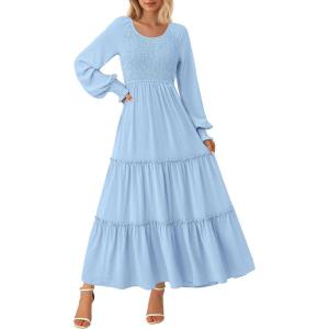 imagePRETTYGARDEN Womens Maxi Boho Dress Casual Long Sleeve Tiered Ruffle Flowy Swiss Dot Smocked Dresses with PocketsLight Blue