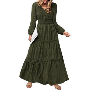 imagePRETTYGARDEN Womens Maxi Dress Casual Long Sleeve V Neck Smocked Waist Tiered Ruffle Flowy Cocktail Pocket DressesArmy Green