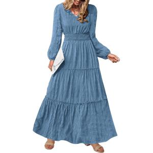 imagePRETTYGARDEN Womens Maxi Dress Casual Long Sleeve V Neck Smocked Waist Tiered Ruffle Flowy Cocktail Pocket DressesBlue Grey