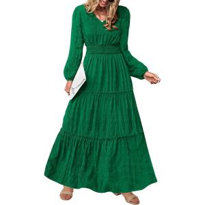 imagePRETTYGARDEN Womens Maxi Dress Casual Long Sleeve V Neck Smocked Waist Tiered Ruffle Flowy Cocktail Pocket DressesGreen