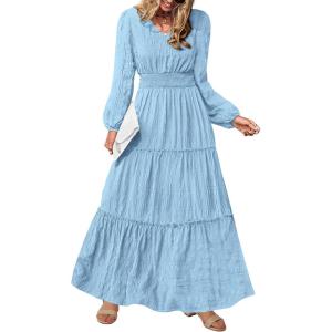 imagePRETTYGARDEN Womens Maxi Dress Casual Long Sleeve V Neck Smocked Waist Tiered Ruffle Flowy Cocktail Pocket DressesLight Blue