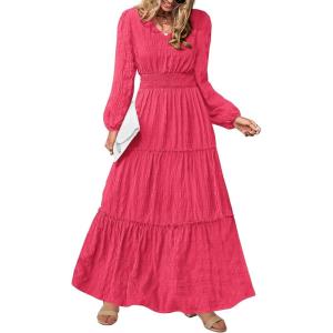 imagePRETTYGARDEN Womens Maxi Dress Casual Long Sleeve V Neck Smocked Waist Tiered Ruffle Flowy Cocktail Pocket DressesRose Red