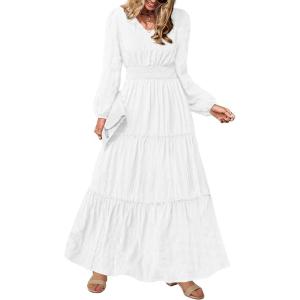 imagePRETTYGARDEN Womens Maxi Dress Casual Long Sleeve V Neck Smocked Waist Tiered Ruffle Flowy Cocktail Pocket DressesWhite