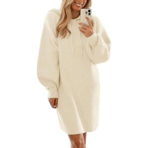 imagePRETTYGARDEN Womens Sweater Dress Fall Winter Casual Long Sleeve Pullover Chunky Knit Loose Oversized Hoodie Tunic SweatersBeige White