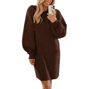 imagePRETTYGARDEN Womens Sweater Dress Fall Winter Casual Long Sleeve Pullover Chunky Knit Loose Oversized Hoodie Tunic SweatersBrown