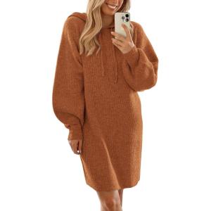 imagePRETTYGARDEN Womens Sweater Dress Fall Winter Casual Long Sleeve Pullover Chunky Knit Loose Oversized Hoodie Tunic SweatersCaramel