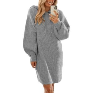 imagePRETTYGARDEN Womens Sweater Dress Fall Winter Casual Long Sleeve Pullover Chunky Knit Loose Oversized Hoodie Tunic SweatersGrey