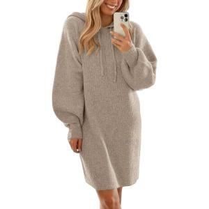 imagePRETTYGARDEN Womens Sweater Dress Fall Winter Casual Long Sleeve Pullover Chunky Knit Loose Oversized Hoodie Tunic SweatersKhaki