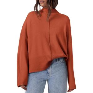 imagePRETTYGARDEN Womens Sweaters Fall 2024 Long Sleeve Ribbed Knit Pullover Loose Mock Neck Lightweight Casual Sweater TopsBrick Red