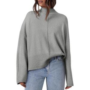 imagePRETTYGARDEN Womens Sweaters Fall 2024 Long Sleeve Ribbed Knit Pullover Loose Mock Neck Lightweight Casual Sweater TopsGrey